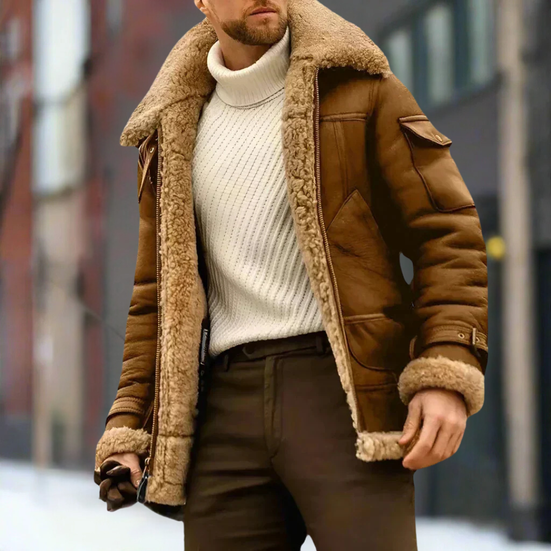 Fashionstyll | Lange leren heren winterjas met wollen voering