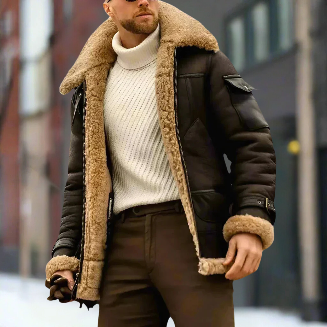 Fashionstyll | Lange leren heren winterjas met wollen voering