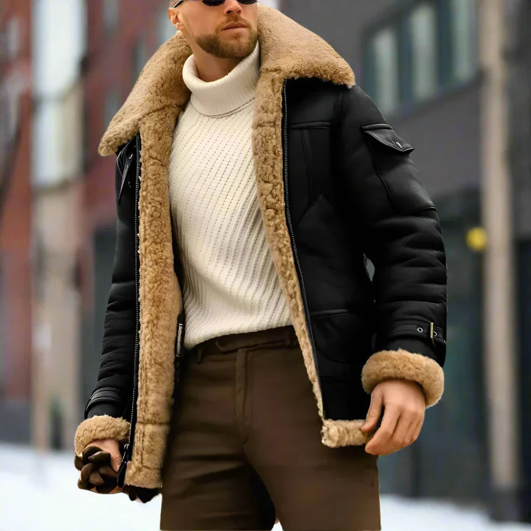 Fashionstyll | Lange leren heren winterjas met wollen voering
